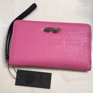 Ed Hardy Pink ZA Wallet Embossed Ed Hardy Logo In Different Fonts NWT